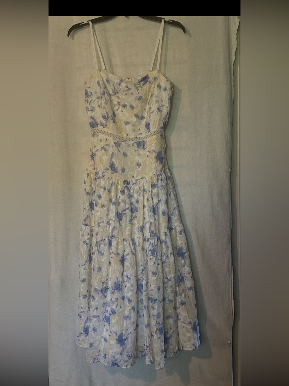 Floral Lace-Trim Maxi Dress in White and Blue